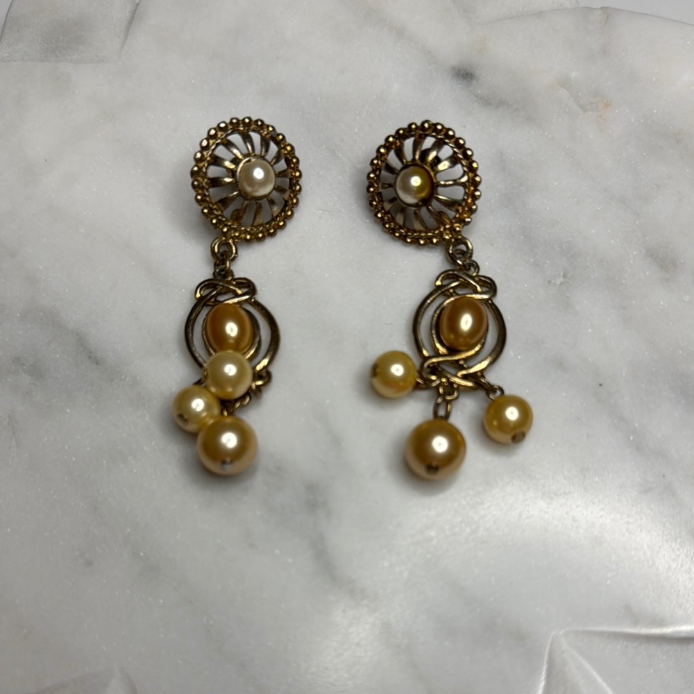 Gold and Cream Filigree Earrings with Beaded Clusters